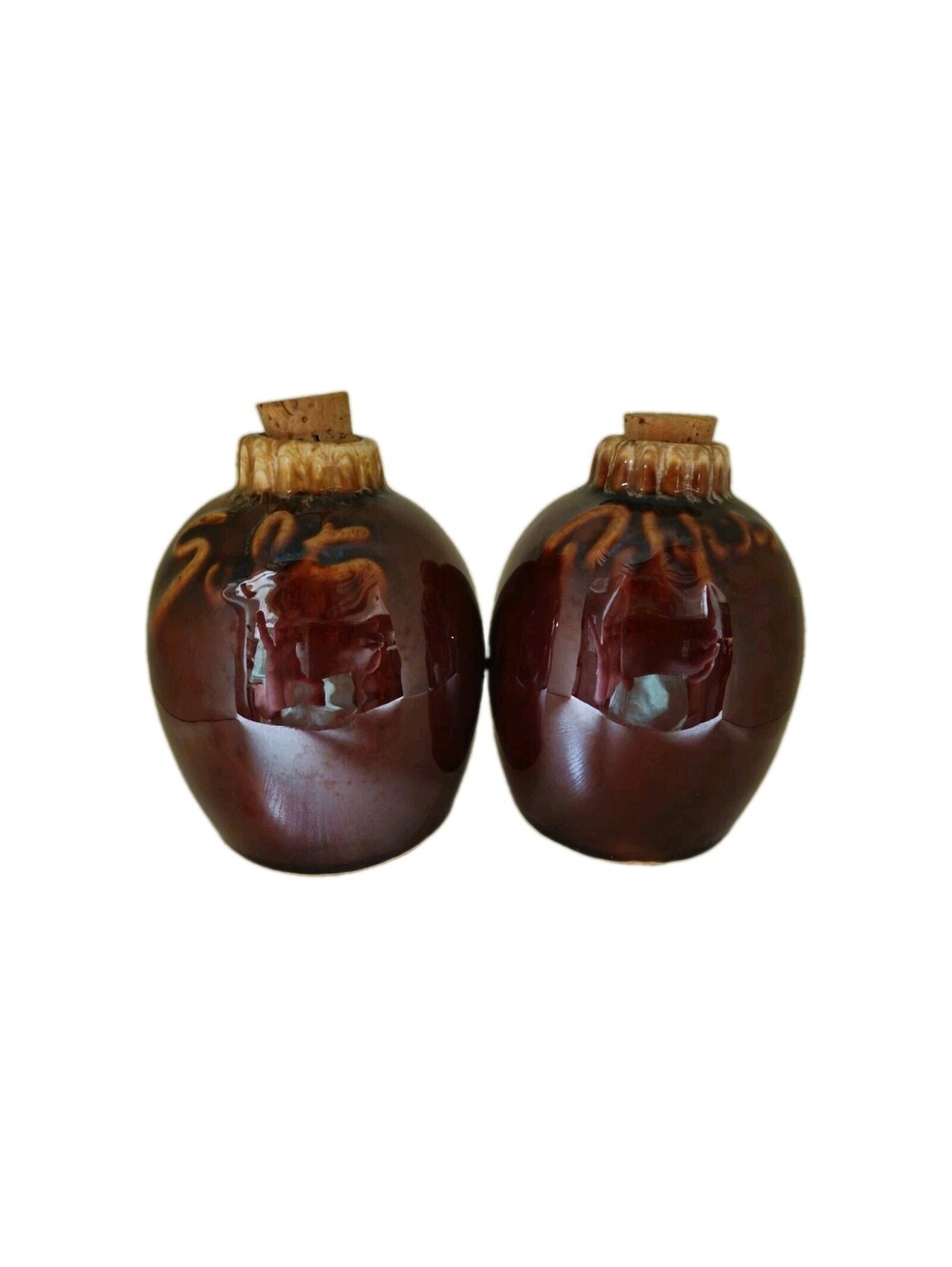 Hull Salt & Pepper Shakers Brown Drip With Corks Vintage Oven Proof USA Ceramic